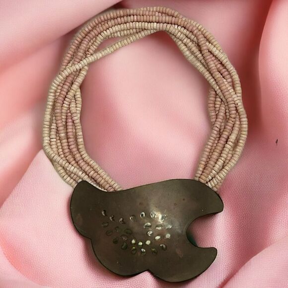 Vintage Artisan Coral Shell/Aged Brass Centerpiece Necklace -- OS - Picture 2 of 11